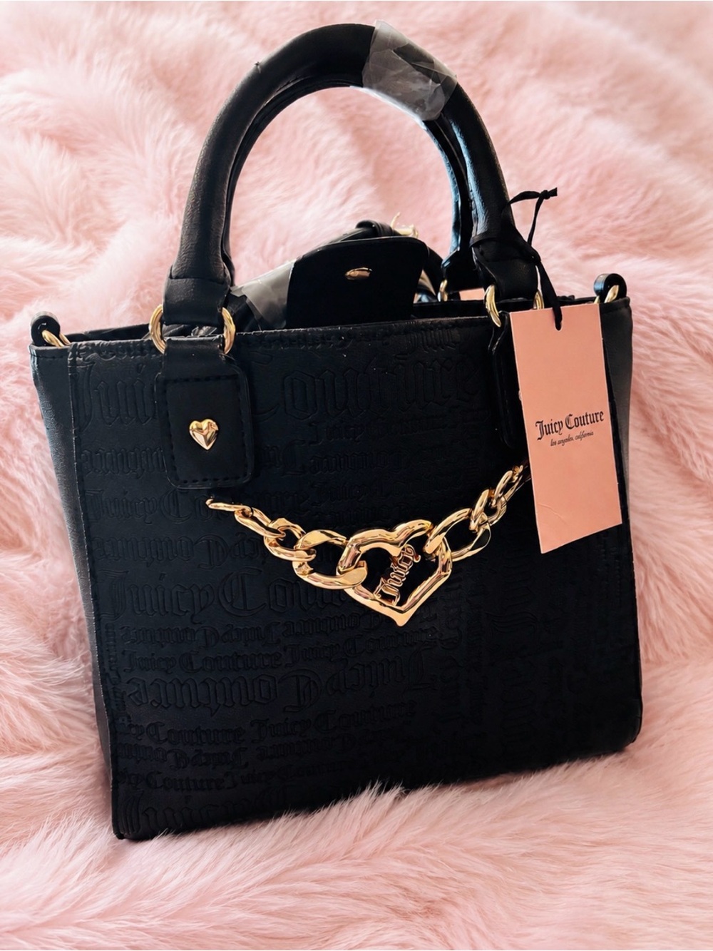NWT Juicy Couture Black Embossed Satchel with Gold Heart Chain